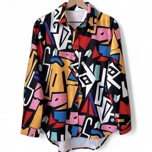 Abstract Geometric Colorful Button Down Shirt Blouse Shirt  Pop Art Mod Print…